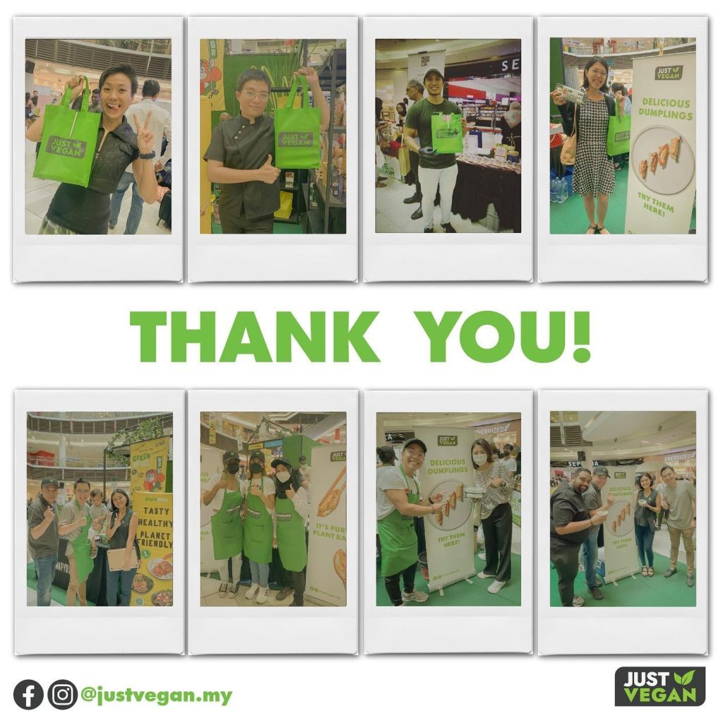 A photo collage of eight polaroid-style pictures showcasing customers and staff smiling, holding Just Vegan eco-bags, and visiting the booth during an event, centered around a large green 