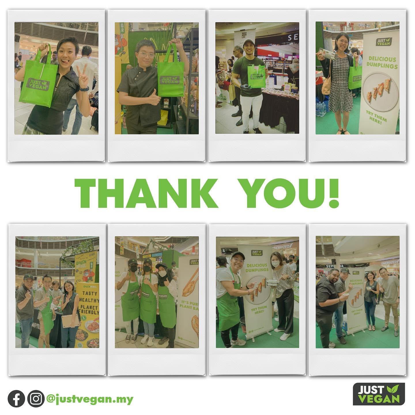 Malaysia Veg Fest 1 A photo collage of eight polaroid-style pictures showcasing customers and staff smiling, holding Just Vegan eco-bags, and visiting the booth during an event, centered around a large green "THANK YOU!" heading.