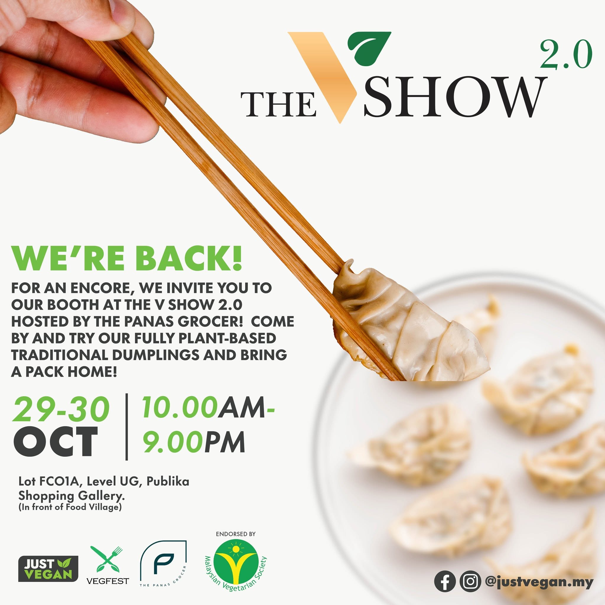 The V Show Event promotional graphic for "THE V SHOW 2.0" hosted by The Panas Grocer at Publika Shopping Gallery (29-30 OCT), featuring chopsticks picking up a steamed dumpling over a plate of dumplings with event details and organizer logos.
